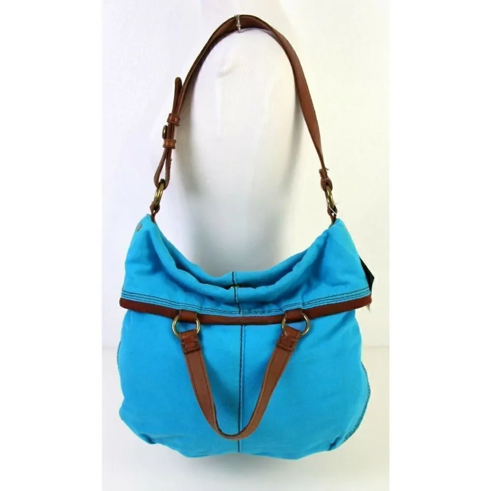 LUCKY BRAND BANDIT FOLDOVER BLUE COTTON BROWN LEATHER TOTE SHOULDER BAG HANDBAG